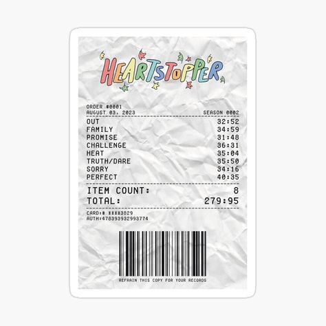 Get my art printed on awesome products. Support me at Redbubble #RBandME: https://www.redbubble.com/i/sticker/Heartstopper-Season-2-Receipt-by-d-obsession-k/149745636.EJUG5?asc=u Heartstopper Show, Receipt Sticker, Heartstopper Season 2, Truth And Dare, Season 1, Sticker Design, Decorate Laptops, Kiss Cut, Vinyl Decal Stickers