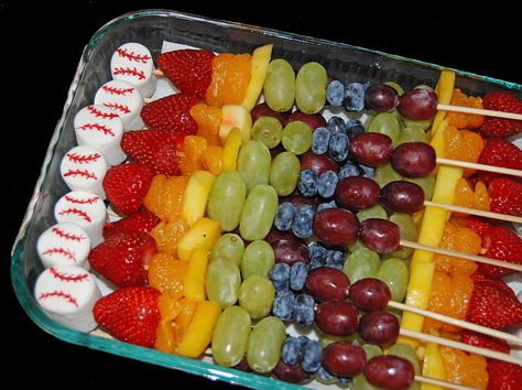 healthier after baseball game snack - fruit kabobs with a marshmallow baseball by Simply Sweets, via Flickr Baseball Game Snacks, Healthy Sport Snacks, Sport Snacks, Soccer Snacks, Baseball Snacks, Sports Snacks, Team Snacks, Game Snacks, Fruit Kabobs