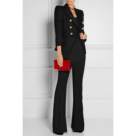 Balmain Double-breasted wool-twill blazer (7.480 BRL) via Polyvore featuring outerwear, jackets, blazers, black double breasted blazer, double-breasted blazer, wool lined jacket, black slim fit blazer e black jacket Balmain Blazer Outfits, Balmain Jacket, Balmain Blazer, Look Formal, Black Suit, Blazer Outfits, Fashion Black, Work Wardrobe, Work Attire