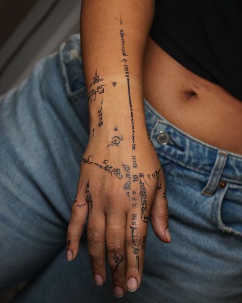 Writing Tattoo, Scripture Tattoos, Khmer Tattoo, Gothic Tattoos, Palm Tattoos, Writing Tattoos, Tattoos For Black Skin, Mythology Tattoos, Pretty Tattoos For Women