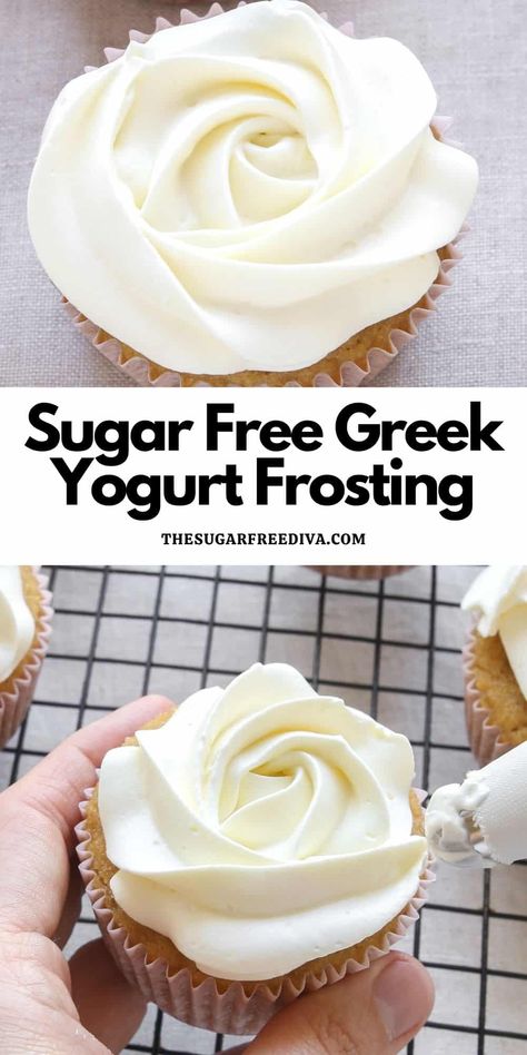 Sugar Free Greek Yogurt Frosting, a simple low fat recipe that has just four ingredients and is perfect for cakes and cupcake desserts. Greek Yogurt Cake Frosting, Low Fat Dessert Recipes For Gallbladder, Low Fat Cream Cheese Frosting, Low Calorie Icing Recipe, Greek Yogurt Frosting Recipe, Greek Yogurt Icing Recipe, Yogurt Icing Recipe, Low Cal Frosting, Gluten Free Low Sugar Recipes