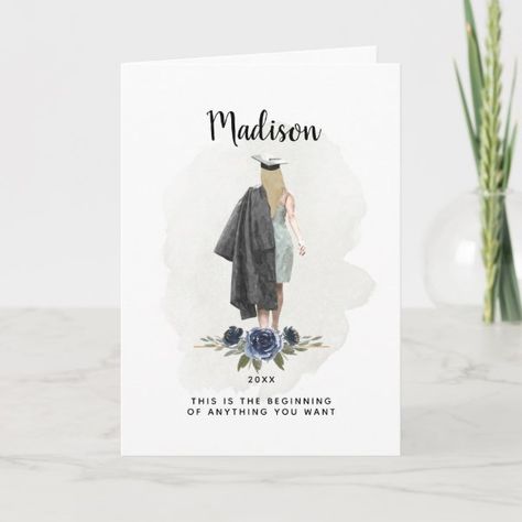 Watercolor Blue Floral Graduation Blonde Girl Card Watercolor Graduation, Inspirational Quotes Cards, Congratulations Card Graduation, Grad Quotes, Inspirational Quotes For Girls, Watercolor Girl, Watercolor Blue, Graduation Card, Quote Cards