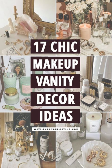 Your makeup vanity is a fun place for you to get ready in style and your vanity aesthetic should reflect that! Whether your style is sleek and clean, delicate and feminine, or artsy and eclectic, when your vanity decor reflects your style using it becomes even more enjoyable. If you’re looking for inspiration, we’ve found 17 makeup vanity ideas that are sure to spark your imagination. How To Decorate A Makeup Vanity, Decorating Vanity Area, Vanity Table Decor Ideas, Makeup Vanities Ideas, Makeup Vanity Decor Ideas, Cheap Makeup Vanity, Vanity Set Up Ideas, Office And Vanity, Small Glass Desk