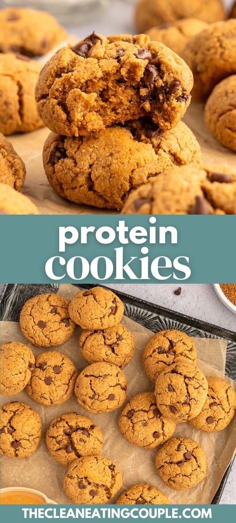 The best Protein Cookie recipe that's easy to make! Secretly healthy, these cookies only have 8 simple ingredients and are delicious! Made with protein powder, these peanut butter chocolate protein cookies are the best! You can even make them with no peanut butter - almond butter, cashew butter and sunflower seed butter all work! Low calorie, high protein and delicious. Arbonne Protein Cookies, Healthy Protein Packed Desserts, Almond Butter Protein Cookies, Doterra Protein Recipes, Vanilla Protein Powder Cookies, High Protein Cookies Healthy, Protein Cookies Peanut Butter, Cookies Made With Protein Powder, Low Carb Protein Cookies