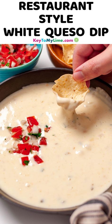 Best White Queso Dip, Queso Dip Mexican, Diy Dressings, Spicy Queso Dip, Queso Dip Crockpot, White Queso Dip Recipe, Queso Blanco Recipe, White Cheese Dip Recipe, White Queso Recipe