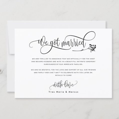 Modern We Got Married Wedding / Elope Announcement | Zazzle.com Elope Announcement, Marriage Announcement Cards, Post Wedding Announcements, Wedding Announcements Wording, Card Marriage, Wedding Announcement Cards, Marriage Announcement, Marriage Cards, Elopement Announcement