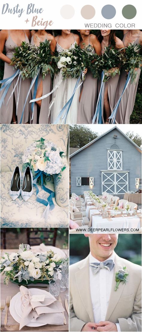 Dusty Blue And Beige Wedding, Dusty Blue And Ivory Wedding, Blue And Beige Wedding, Wedding Planning Book Diy, Beige Wedding Theme, Blue And Ivory Wedding, Choosing Wedding Colors, Taupe Wedding, Yellow Wedding Theme