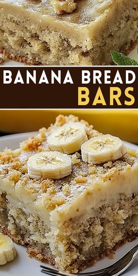 🍌 Banana Bread Bars are the perfect sweet treat! These moist bars are loaded with ripe bananas and topped with a creamy frosting. Great for snacks, breakfast, or dessert, they’re quick to make and absolutely delicious. 💡 Save this pin and enjoy a bite of banana goodness! #BananaBreadBars #DessertRecipes #BakingJoy #EasySnacks #SweetTreats 🍫🍌 Recipes That Use Ripe Bananas, Baked Banana Dessert, Banana Bread Bars Recipe, Things To Make With Frozen Bananas, Black Bottom Banana Bars, Dessert Recipes Using Ripe Bananas, Banana Bars With Sour Cream, Dessert With Ripe Bananas, Banana Christmas Treats