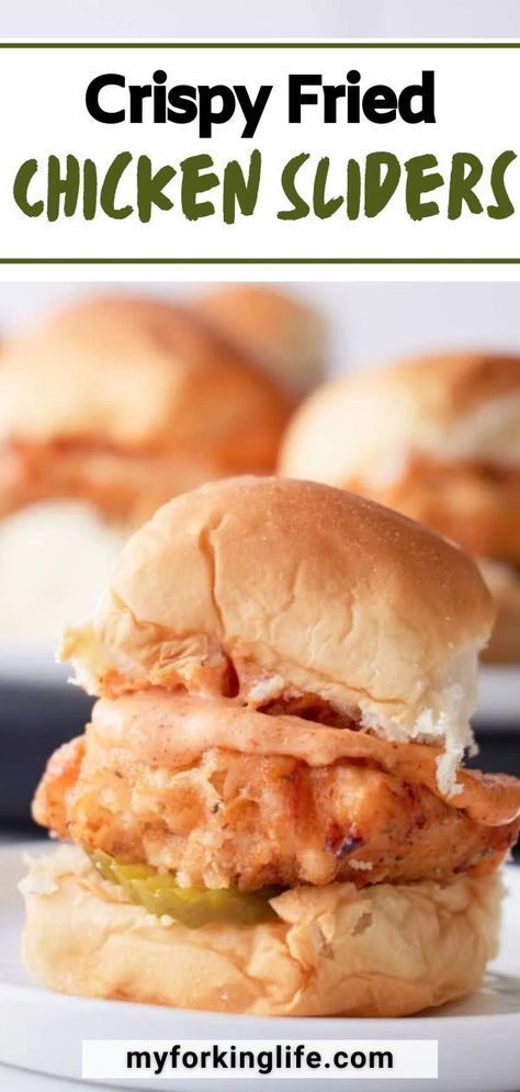 Chicken sliders are a great party appetizer or perfect for little hands during weeknight dinners. Soft rolls are topped with a flavorful, creamy sauce along with a pickle and a piece of fried chicken. They're super tasty and crisp! Fried Chicken Sliders, Fried Chicken Sandwiches, Chicken Pickle, Soft Rolls, Sliders Recipes Chicken, Slider Sandwiches, Making Fried Chicken, Chicken Sliders, Chicken Sandwiches