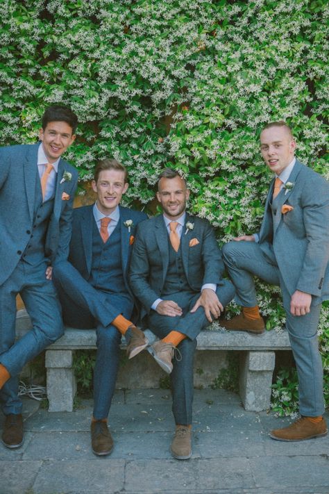 Groomsman Fall Wedding, Fall Wedding Grey Suits, Dark Teal And Rust Orange Wedding Groomsmen, Fall Color Suits Men, Grey And Orange Suit, Sunset Wedding Colors Groomsmen, Groomsmen Attire Orange, Orange Groomsmen Attire, Fall Groom Suit