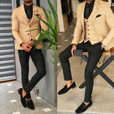 Brown Prom Suits For Men, Cream Suit Men, Style Suits For Men, Boys Blazer Outfit, Suits For Men Wedding, Male Suits, Men Wedding Suits, Wedding Suits For Men, Maggam Blouse