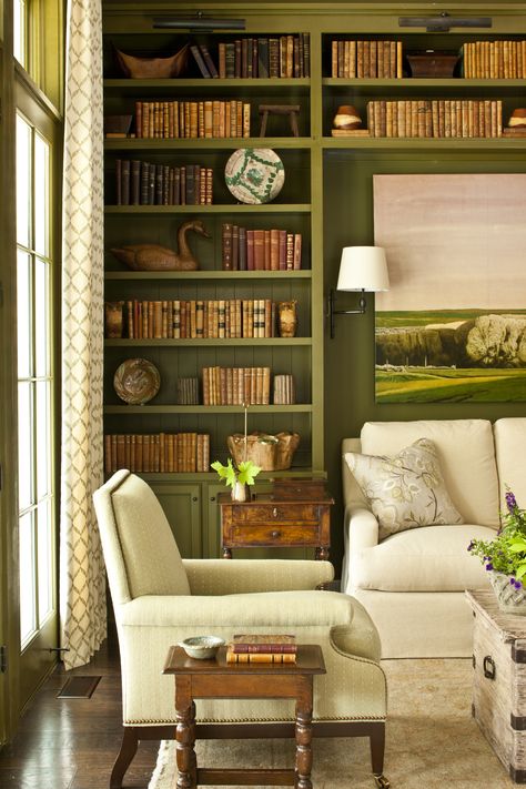 . Sofa Flanked By Bookcases, Full Wall Library, Chartreuse Living Room, Green Study Room, Green Home Office Ideas, Classical Room, Classical Library, Green Study, Green Bookshelves