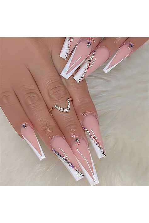 Gufonkod French Tip Press on Nails Long False Nails with Glue on Nails Rhinestones Fake Nails Press On Coffin Acryilc Nails for Women Glossy Stick on Nails 24PCS Nails Rhinestones, French Tip Press On Nails, Press On Nails Long, Long Press On Nails, Fashion Accessories Photography, Nails Press, Long Nail Designs, Nails Fake, Nails For Women