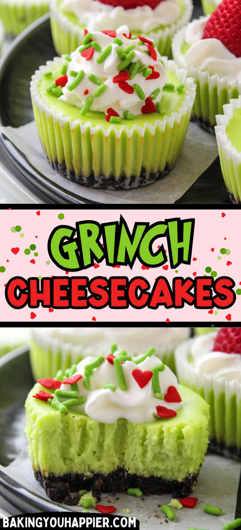 Grinch Mini Cheesecakes, impress all of the Who’s at your Christmas party with these fun & festive little neon green cheesecakes! Grinch No Bake Cheesecake, Mini Candy Cane Cheesecake, St Patricks Day Cheesecake Recipes, Sugar Cookie Mini Cheesecakes, Holiday Mini Cheesecake Recipes, Green Christmas Food Ideas, Christmas Grinch Desserts, Christmas Cheesecake Mini, Christmas Cheesecake Cupcakes