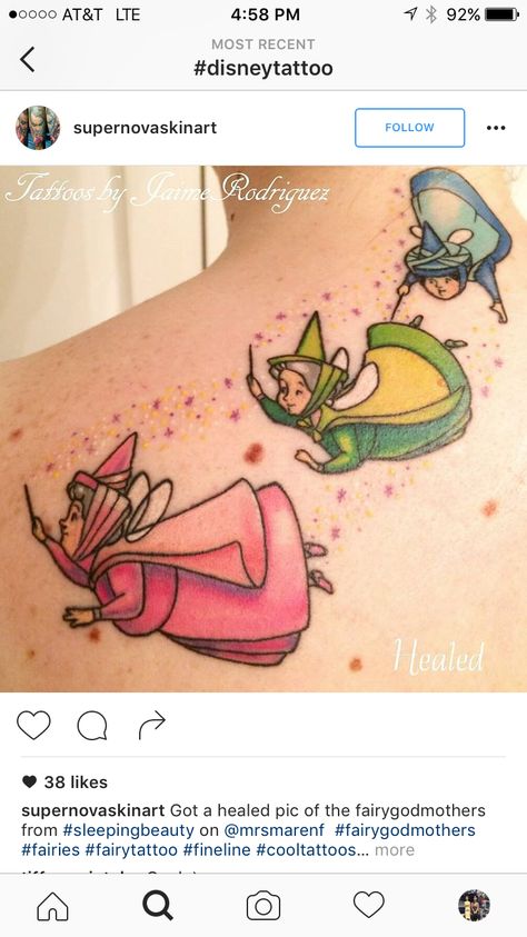 Disney Sleeping Beauty Tattoo, Sleeping Beauty Fairies Tattoo, Fairy Godmother Tattoo Ideas, Fairy Godmother Tattoo, Godmother Tattoo Ideas, Godmother Tattoo, Pixar Tattoos, Sleeping Beauty Tattoo, Disney Inspired Tattoos