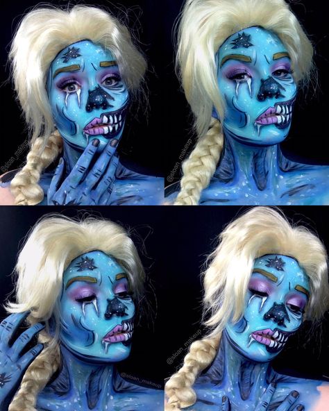 Pop art zombie Halloween makeup, Elsa Halloween makeup, Frozen Halloween makeup, Disney Princess makeup, @sloan_makeup on Instagram Pop Art Zombie, Elsa Frozen, Body Painting, Halloween Makeup, Face Painting, Zombie, Hair And Nails, Frozen, Pop Art