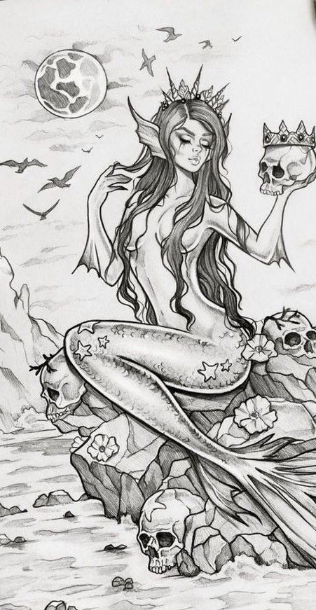 Siren Tattoo, Mermaid Sketch, Mermaid Tattoo Designs, Mermaid Artwork, Witch Tattoo, Mermaid Drawings, Adult Coloring Designs, Mermaid Tattoo, Mermaid Tattoos