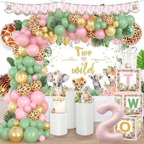 PRICES MAY VARY. 【WARM JUNGLE WORLD】🐘 Create a cozy two wild party with green, pink, and gold colors! Cute jungle animals bring unlimited fun and novel experiences to your little one and other children to explore a different wild world. Create precious memories with our safari party decorations and let everyone enjoy an unforgettable day! 【TWO WILD BIRTHDAY DECORATIONS FOR GIRL SET】🦁 85 x 12’’ latex balloons, 30 x 5’’ latex balloons, 1 x number foil balloon, 3 x animal print foil balloons, 12 Girly Zoo Birthday Party, Animal Second Birthday Party, Born Two Be Wild Birthday Girl, Two Wild Birthday Decorations, 2 Year Birthday Theme Girl, Wild Birthday Decorations, Two Wild Birthday Party Girl, Second Birthday Girl Theme, 2nd Birthday Decorations