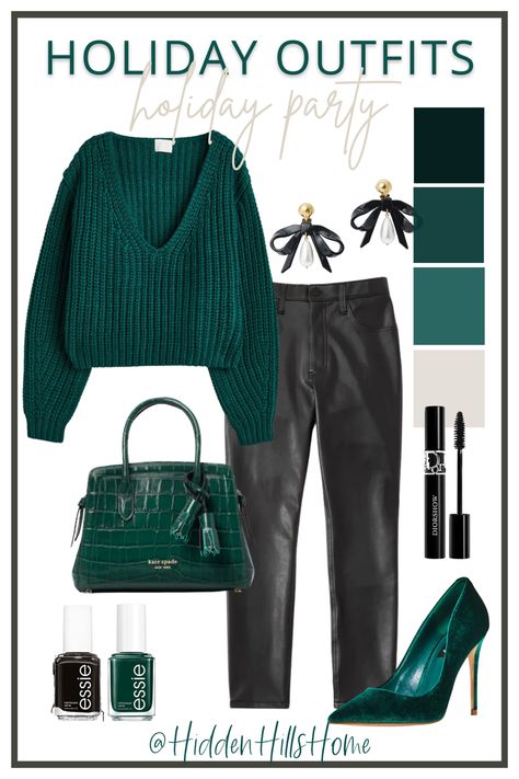 Holiday Party outfit ideas with a green sweater and black faux leather pants along with green and black accessories Work Holiday Outfit, Fun Christmas Outfits Holiday Parties, Winter Holiday Outfits 2023, Holiday Work Party Outfit Casual, Leather Pants Holiday Outfit, Business Casual Christmas Party Outfit, Office Christmas Party Outfit Casual, Green Holiday Outfits, Work Christmas Party Outfit Casual