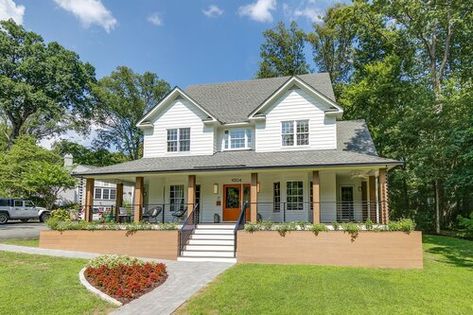 Front Porch Face Lift — RIC design build Raised Front Porch Landscaping, Brick Front Porch Makeover, Raised Front Porch, Porch Beams, Brick House Exterior Makeover, Front Porch Landscape, Front Porch Remodel, Cape Cod Style Home, Front Porch Railings