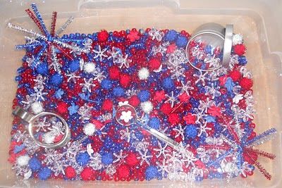 Patriotic Activities, Kids 4th Of July, Fun Camp, Summer Themes, Sensory Tubs, Sensory Tub, Summer Preschool, Independance Day, Sensory Boxes