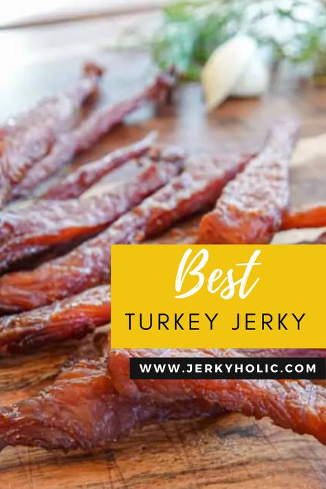 Close up of pieces of turkey jerky on a wooden background. Chicken Jerky Recipes Dehydrator, Dehydrated Jerky Recipes, Ground Turkey Jerky Recipe Dehydrator, Smoked Turkey Jerky Recipe, Chicken Jerky Recipes, Ground Turkey Jerky Recipe, Turkey Jerky Recipe Dehydrator, Easy Pasta Dinner Ideas, Smoker Jerky Recipes