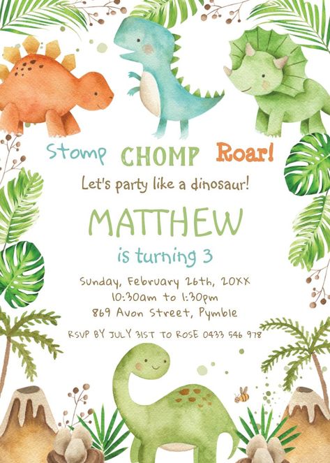 Watercolor Cute Dinosaur Greenery Boy Birthday Invitation Dino Theme Party, Trex Birthday, Birthday Party Invitation Wording, Dino Theme, Dinosaur Birthday Party Invitations, Dinosaur Invitations, Dinosaur Themed Birthday Party, Dinosaur Birthday Invitations, Dinosaur First Birthday