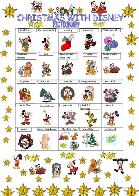 Christmas with Disney characters - English ESL Worksheets for distance learning and physical classrooms Christmas Pictionary, Fireplace Wreath, Esl Vocabulary, To Be Continued, Esl Worksheets, Classroom Posters, Snowflake Ornaments, Christmas Toys, Christmas Bells