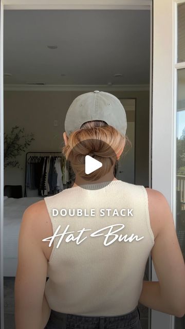 Nichole Ciotti on Instagram: "How to wear a messy bun with a hat 🧢   Gather your hair into a ponytail and secure it with a hair tie. On the final pull through, create a half bun. Twist the bun upside down while holding the excess tail so that the tail is now above the bun. Put on a baseball hat, inserting the tail through the closure of the hat. Stretch the elastic, place your pointer finger and thumb inside, and pull the tail through the opening. Gently pull on the outer edges of both buns to expand them until you’re happy with the result 💁‍♀️  #hair #hairtutorial #updo #hairstyles" Updos Tutorials, Bun Twist, Hair Updos Tutorials, Half Bun, The Bun, A Messy Bun, Hat Hair, Finger Nails, A Ponytail