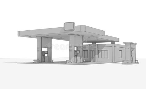 Gas Station Sketch, Gas Station Drawing, Gas Station Design, Commercial Facade, Fuel Station, Perspective Sketch, Archi Design, Old Gas Stations, Petrol Station