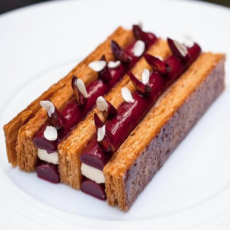 The Cherry & Jasmin Millefeuille by Chef @pascalhainigue @dessert_parisian 🔥🔥🔥 #cake #cakes #yummy #instagood #instayum #follower #fan… Millefeuille Dessert, Parisian Cake, Chocolate Cake Toppers, Fine Dining Desserts, Individual Desserts, Food Info, Roll Cake, Plated Desserts, Chocolate Ice Cream