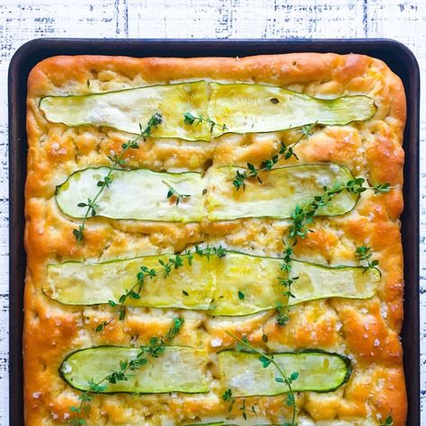 Zucchini and Thyme Focaccia Zucchini Focaccia, Zucchini Vegan, Megan Mitchell, Bakery Goods, Zucchini Slice, Food Names, Cleaning Dishes, Zucchini Recipes, Fresh Thyme