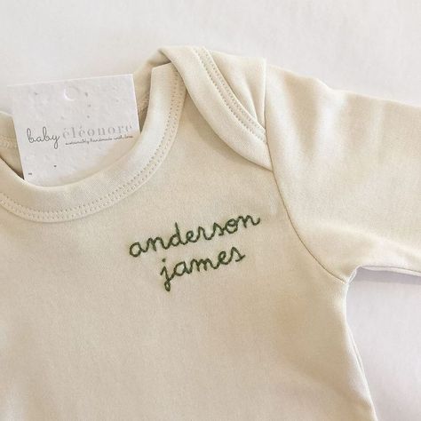 @babyeleonore on Instagram: "Say it on a bodysuit ! Anderson James in Hunter Green . #organic #ethicallymade #fairtrade #babylist #babystyle #babygift #embroidery #handembroidery #babyonesie #onesie #bodysuit #personalizedonesie" {personalized onesie boy names, personalized name onesie, name onesie boys} Personalized Onesie Boy, Embroidered Onesie Boy, Embroidered Onesie, Personalized Onesie, Knit Baby Booties, Diy Embroidery Patterns, Boy Onesie, Modern Baby, Baby Crafts