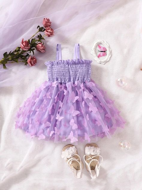 Baby Butterfly Appliques Contrast Mesh Cami Dress | SHEIN USA Frocks For Kids, Baby Girls Dresses, Purple Collar, Mauve Purple, Fashion Vocabulary, Shein Outfits, Purple Baby, Purple Outfits, Butterfly Dress