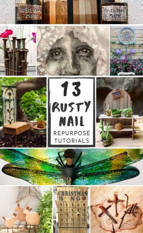 We searched high and low to find the most amazing rusty nail repurpose ideas and tutorials for you. So don’t throw them away until you’ve seen all the crazy creative things you can do with them. #rustynail #repurpose #recycle #DIYtutorial #acraftymix #repurposetutorials #rustynailideas #rustynailcrafts #repurposednails Old Rusty Nails Projects, Repurposed Art Projects, Rusty Nail Art, Upcycle Art, Repurposed Materials Art, Repurpose, Rusty Nails, Reuse Recycle Repurpose, Repurposed Junk