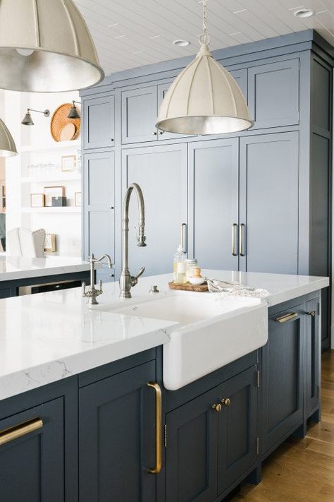 Transitional Kitchen with Blue-Gray Cabinets - Town & Country Living Sw Grays Harbor, Blue Kitchen Wallpaper, Blue Kitchen Paint, Blue Kitchen Inspiration, Blue Gray Kitchen Cabinets, Kitchen Open Concept, Navy Blue Kitchen Cabinets, Grey Kitchen Colors, Blue Kitchen Walls