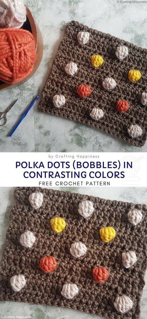 Polka Dots (Bobbles) In Contrasting Colors Free Crochet Pattern    This lovely stitch pattern is very versatile. Those cute bobbles are made by double stitches and work up really fast. Make this cute pattern into a blanket, or a pillow - it will look very original.     #stitch #crochet #bobbles #blanket #pillow Blanket Cardigan Pattern, Crochet Blanket Stitches, Blanket Stitches, Bobble Stitch Crochet, Bobble Crochet, Crochet Bobble, Blanket Cardigan, Cozy Pattern, Crochet Shell Stitch