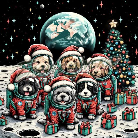 In a galaxy sprinkled with stardust and wonder, a group of adventurous space puppies found their way to the moon's surface. As Earth twinkled in the distance, they gathered around a shimmering Christmas tree, their suits glowing under the celestial light. Amidst the vast quiet of space, their laughter and barks of joy echoed, creating a magical Christmas unlike any other. Under the watchful eyes of distant stars of the cosmos, they surprised each other with lots of gifts! #vintagestuff #cute Retro Space Christmas, Christmas Astronaut, Dogs In Space, Dog In Space, Astronaut Dog Illustration, Space Christmas, Puppy Find, Moon Surface, Cute Puppy