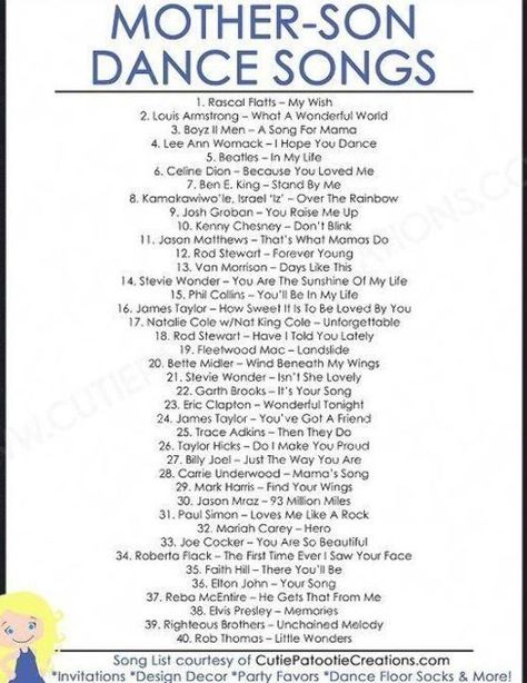 FREE Printable List of Top 40 Mother Son Dance Songs for Bar Mitzvah and Weddings by Cutie Patootie Creations. SHOP  #WeddingIdeas Bride And Son Dance Songs, Special Dances At Wedding Receptions, Bridal Party Dance Songs, Grand March Songs Wedding, Son Mother Dance Songs, Son Of Bride Wedding Ideas, Songs For Sons From Mother, Mother Dance Songs Wedding, Dancing Songs For Wedding