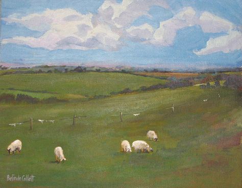 Sheep In A Field Painting, Lamb Acrylic Painting, Sheep Acrylic Painting, Pasture Painting, Ireland Painting, Sheep Drawing, Sheep Grazing, Sheep Paintings, Bee Painting