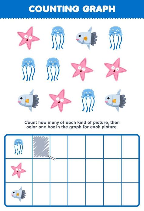 Education game for children count how many cute cartoon jellyfish starfish sunfish then color the box in the graph printable underwater worksheet Cartoon Jellyfish, Vector Game, Game For Children, Water Life, Sea Animals, Jellyfish, Games For Kids, Starfish, Game Design