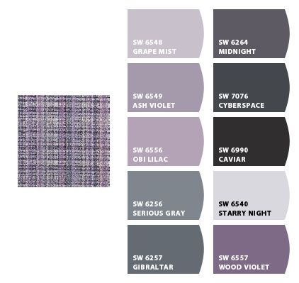 Purple And Gray Bedroom, Plum Color Palette, Gray Pallet, Purple Paint Colors, Worldly Gray, Sherwin Williams Color Palette, Paint Color Combos, Zyla Colors, Purple Color Schemes