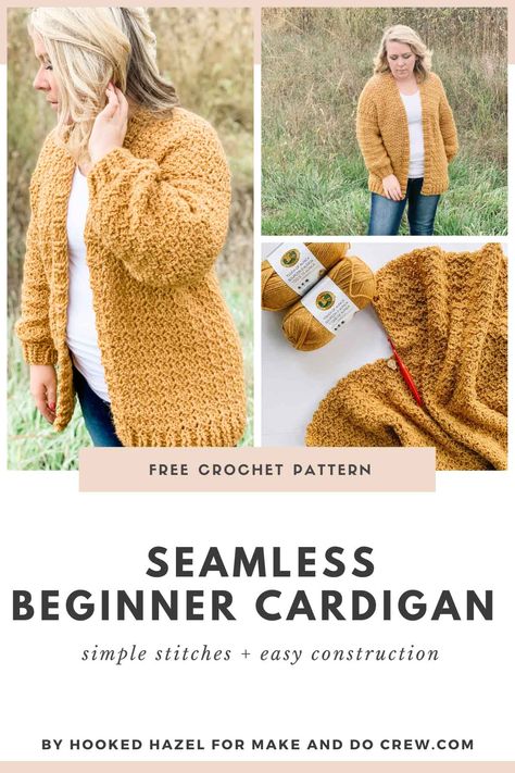 This free, nearly seamless crochet cardigan pattern is easy enough for beginners and perfect for layering. This simple women's sweater is made in one piece, and the only seaming you'll do is on the shoulders. The tulip stitch creates a beautiful texture while Lion Brand's Touch of Alpaca ensures the ultimate comfort and squishiness. #makeanddocrew #freecrochetcardiganpattern Free Crochet Cardigans For Women, Free Crochet Patterns Womens Cardigans, Crocheted Sweaters For Women Free, Xl Crochet Cardigan Pattern, Crochet Projects For Women, Crocheted Cardigans Free Patterns Easy, Light Crochet Cardigan Pattern Free, Free Crochet Pattern For Poncho, Quick And Easy Crochet Cardigan