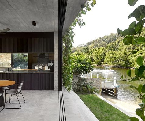 Dark Grey Tile, Board Formed Concrete, Minimalist Window, Concrete Ceiling, Homes To Love, Sliding Window, Bay House, Sliding Windows, Australian Homes