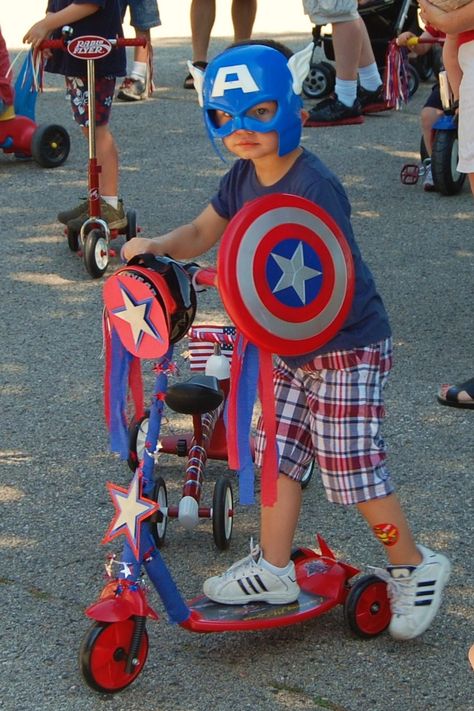 4th of july bike parade. Captain America at the boys neighborhood bike parade. Bike Decorations For Parade 4th Of July, Fourth Of July Scooter Decorations, 4th Of July Scooter Decorations, Scooter Decorations For Parade, Fourth Of July Bike Parade Ideas, 4th Of July Bike Parade Ideas, Bike Parade Ideas, Scooter Decorations, 4th Of July Bike Parade