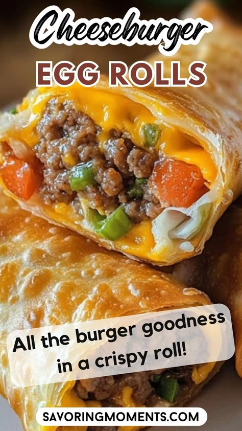 Try these Crispy Cheeseburger Egg Rolls filled with savory beef, melted cheese, and all your favorite burger flavors! Dip in ketchup, mustard, or special sauce for a tasty, crave-worthy treat.

Don’t miss this recipe – pin it for later

#CheesyEggRolls #BeefySnacks #PartyFavorites #ComfortFoodCravings #FoodieFavorites #SnackRecipes #EasyAppetizers #GameDayEats #EggRollInspo #BurgerFlavors #CrispyDelicious #WeekendEats Cheese Burger Egg Rolls Recipe, Ruben Egg Rolls Recipe, Egg Roll Dough Recipe, Cheeseburger Eggrolls Recipe, Cheese Burger Egg Rolls, Egg Roll Filling Recipes, Cheeseburger Rolls, Burger Flavors, Cheeseburger Egg Rolls Recipe