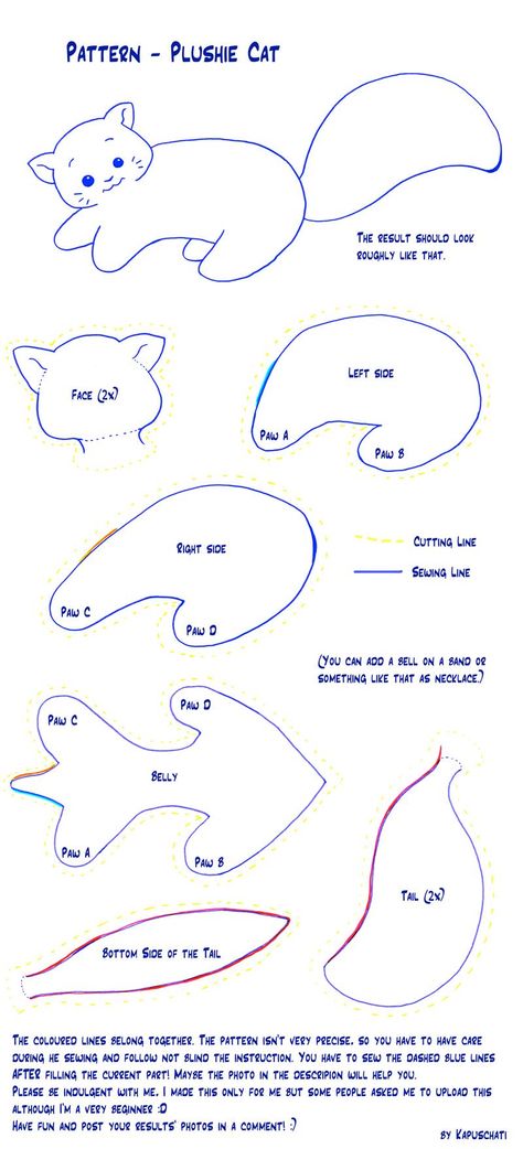 Pattern for Plushie Cat by Kapuschati on DeviantArt Toothless Pattern, Bat Pattern, Animal Sewing Patterns, Plushie Patterns, Sewing Stuffed Animals, Patch Aplique, Felt Cat, Plush Pattern, Cat Plush