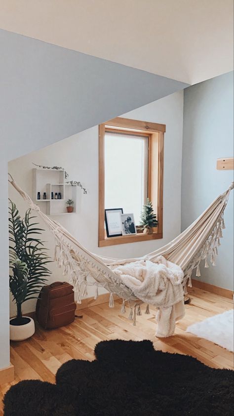 cozy hammock inside bedroom winter sheep rug Hammock Desk Chair, Room Ideas With Hammock, Indoor Hammock Aesthetic, Hammock In Basement, Hammock Bedroom Ideas Hanging Beds, Hammock Bedroom Aesthetic, In House Hammock, Indoor Bedroom Hammock, Bedrooms With Hammocks