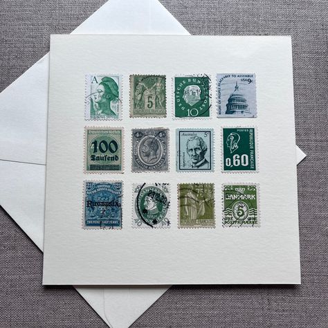 Visit www.toniajillings.co.uk to see a selection of postage stamp cards, art and gifts. These lovely green toned stamps on these cards can be framed and displayed after use, Stamp Display, Stamps Art, Postage Stamp Art, Cards Art, Square Card, Blank Card, Postage Stamp, Greetings Card, Im Happy