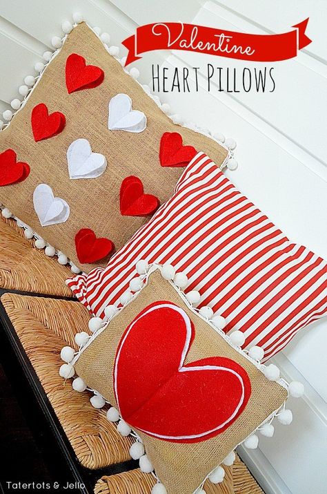 Burlap Heart Pillows Valentine's Home Decoration, Diy Valentine's Day Decorations, Heart Pillows, Diy Pillow Covers, Valentines Pillows, Pom Pom Pillows, Pillow Tutorial, Diy Valentines Crafts, Heart Pillow